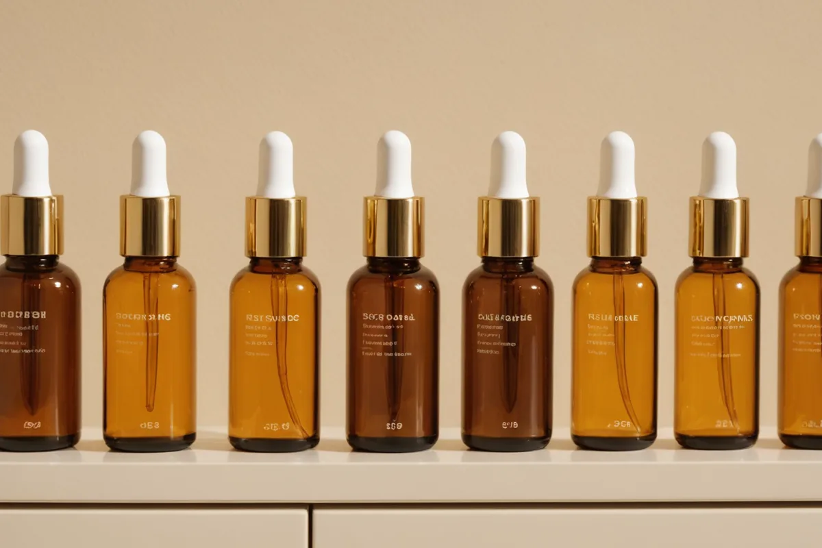 Multiple skincare serums arranged on a marble surface, highlighting product variation