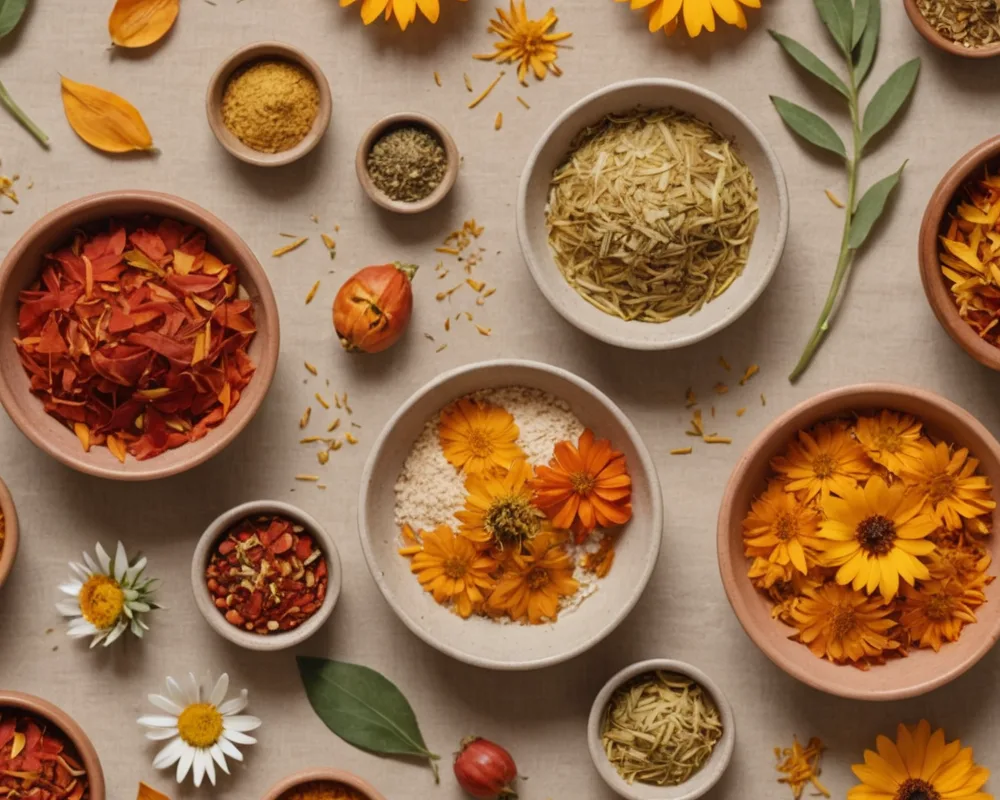 Botanical skincare ingredients on a neutral surface