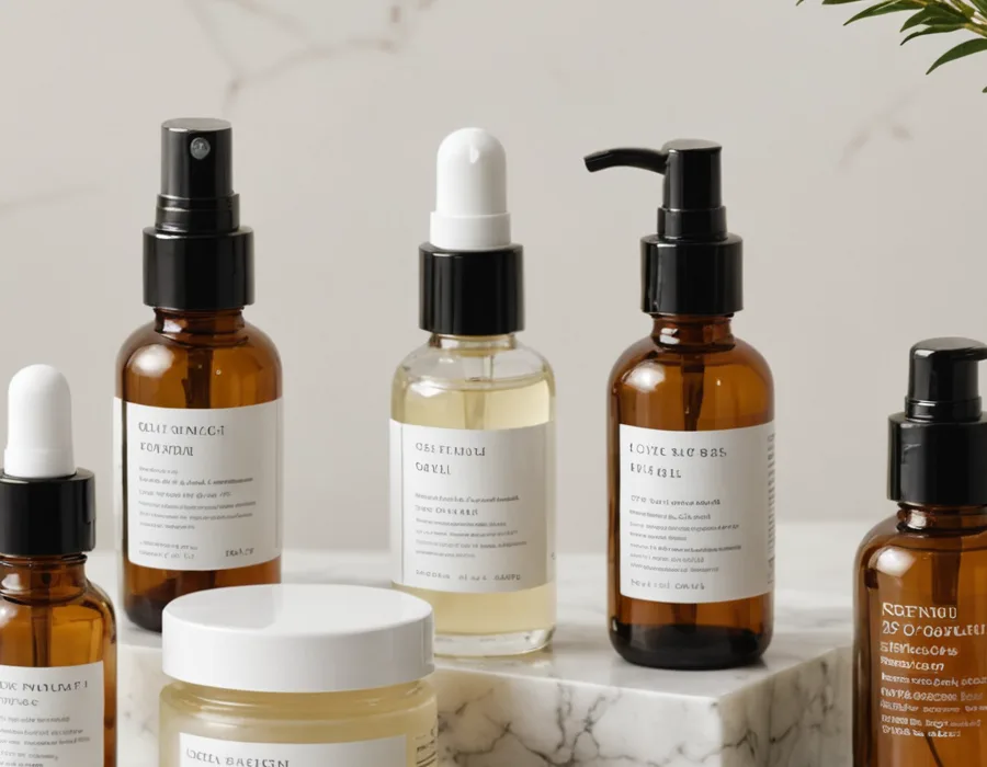 Clean-beauty skincare products on a white marble shelf